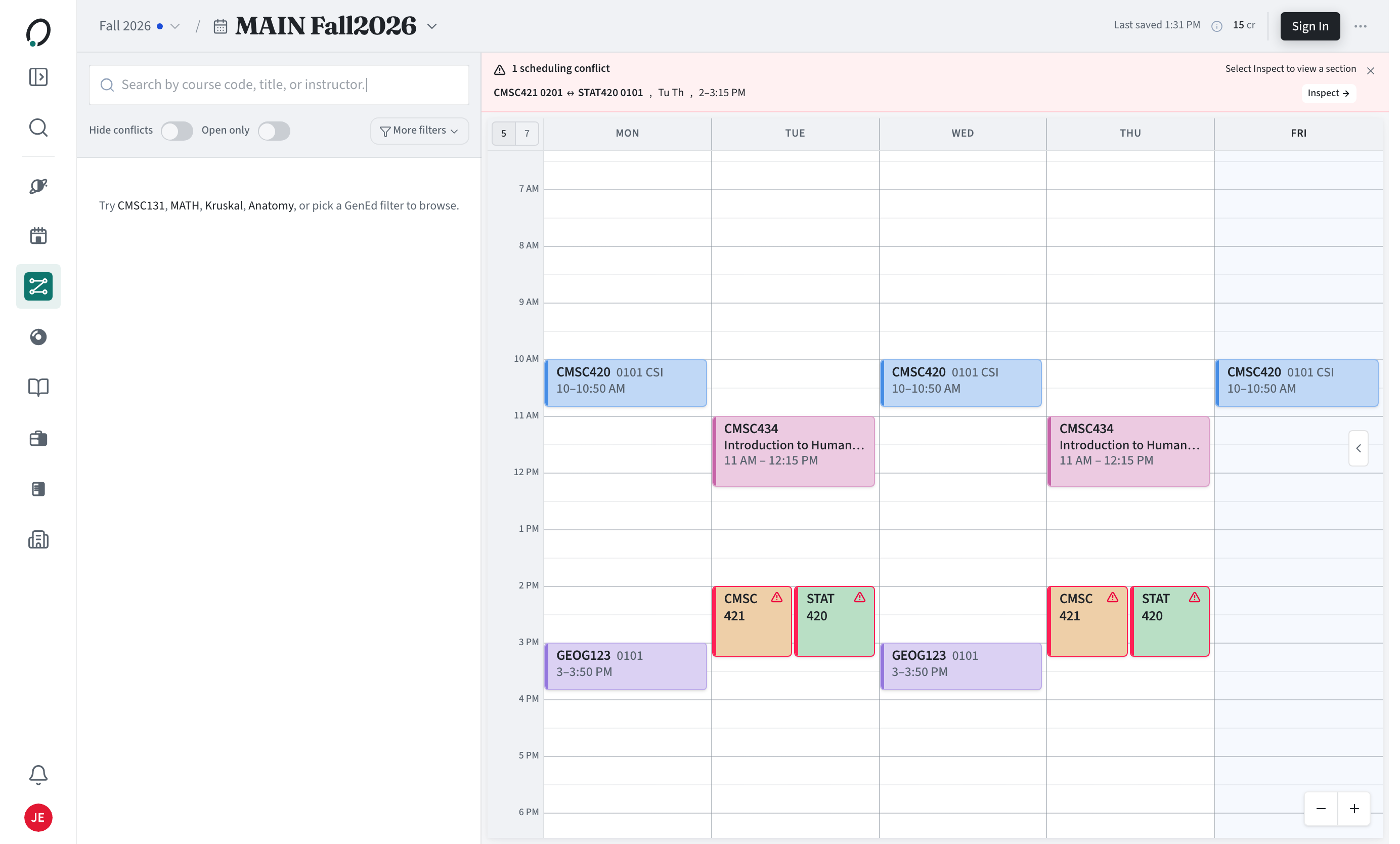 Schedule builder with a fall schedule on the weekly grid