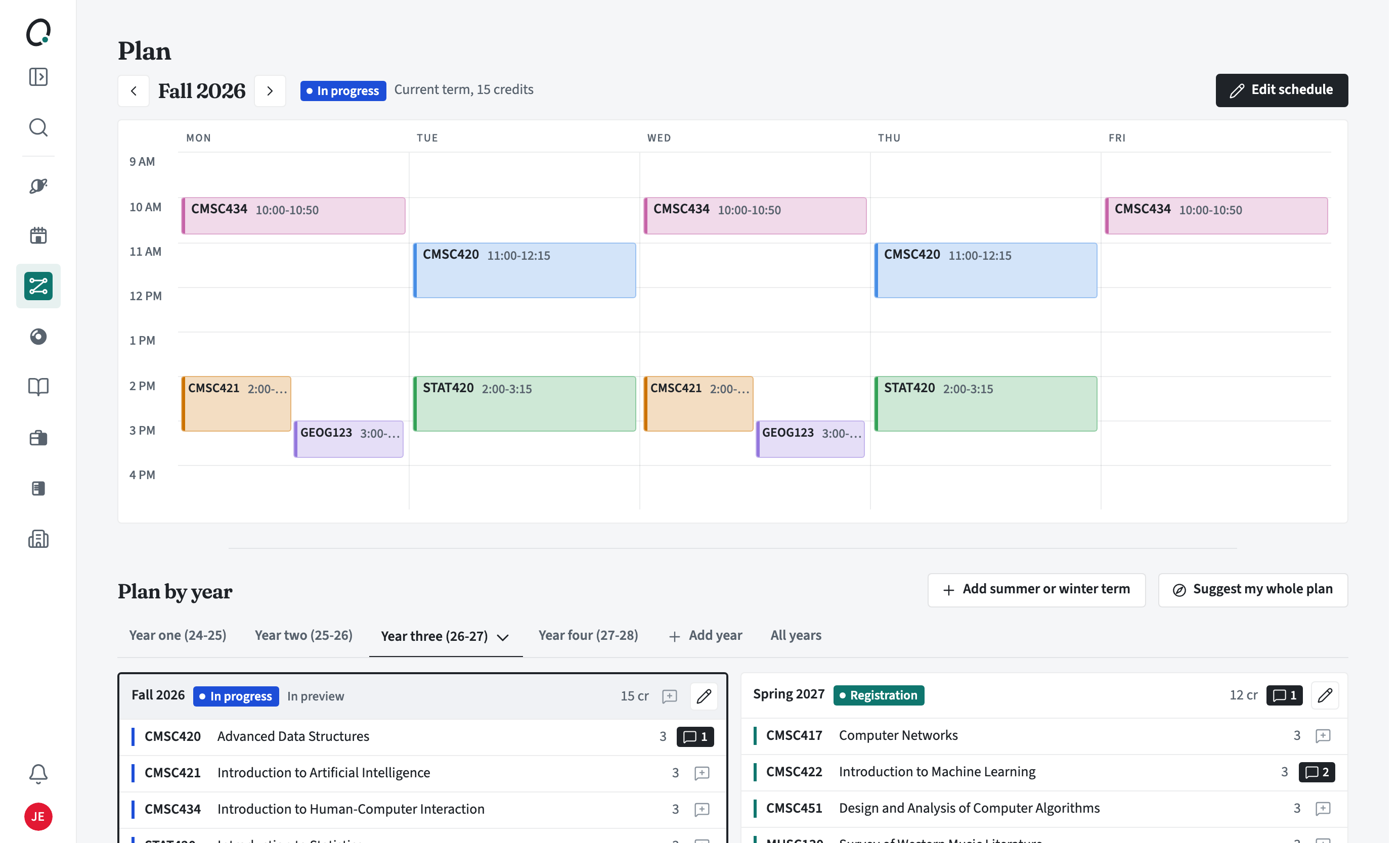 Plan page with this term's week and the plan by year