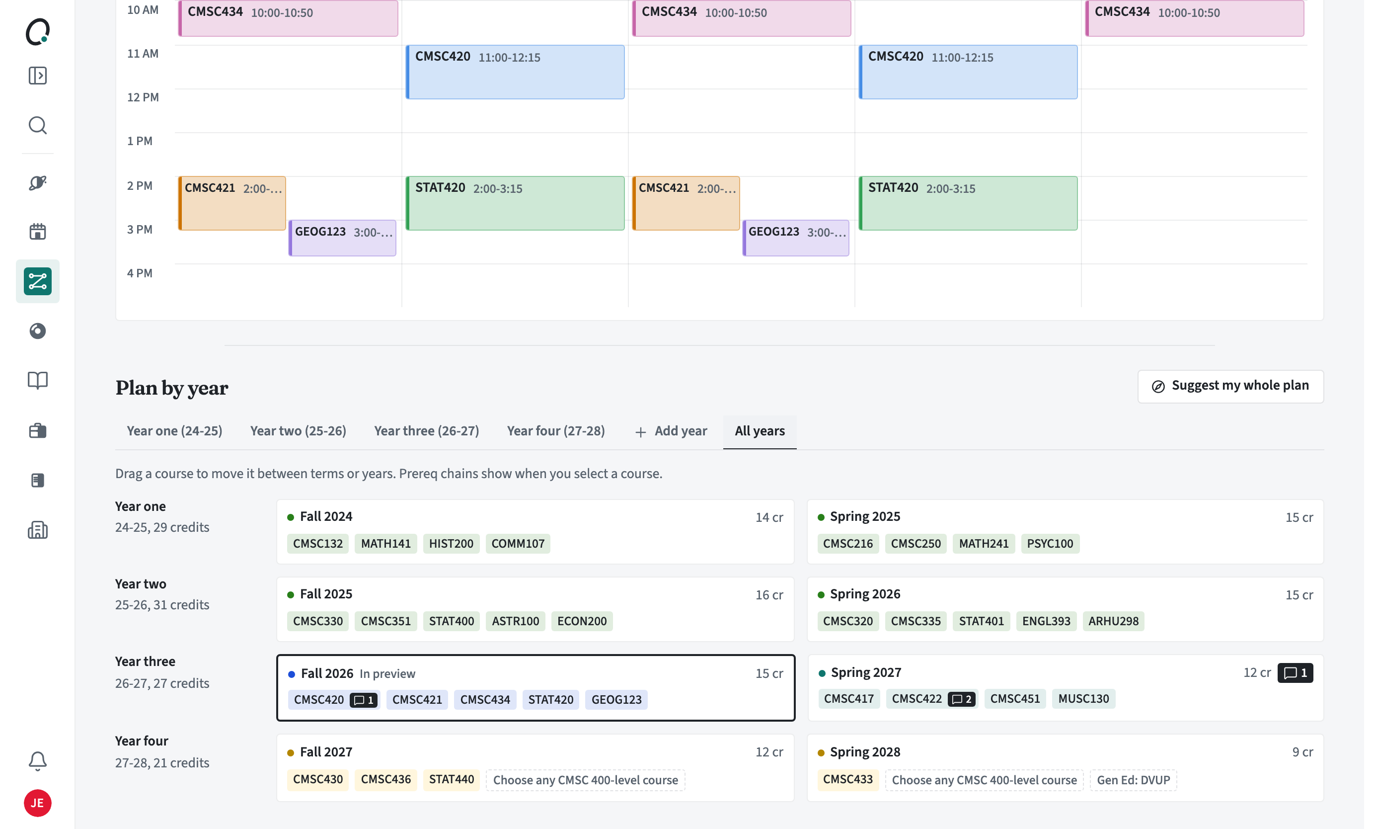 All years of a four-year plan with each term's courses and credits